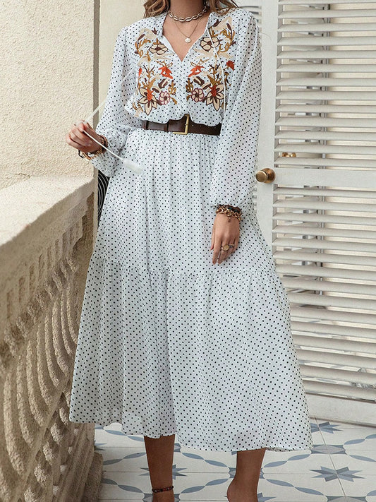 Plus Size Printed Tie Neck Long Sleeve Midi Dress - Classique Collection