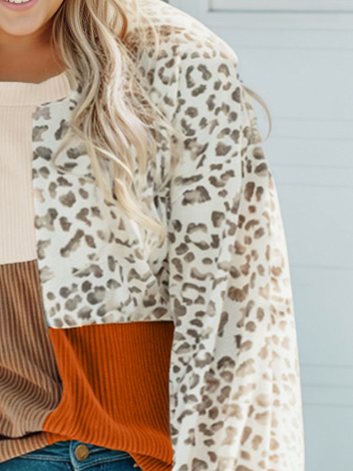 Plus Size Color Block Leopard Round Neck Top - ClassiQ