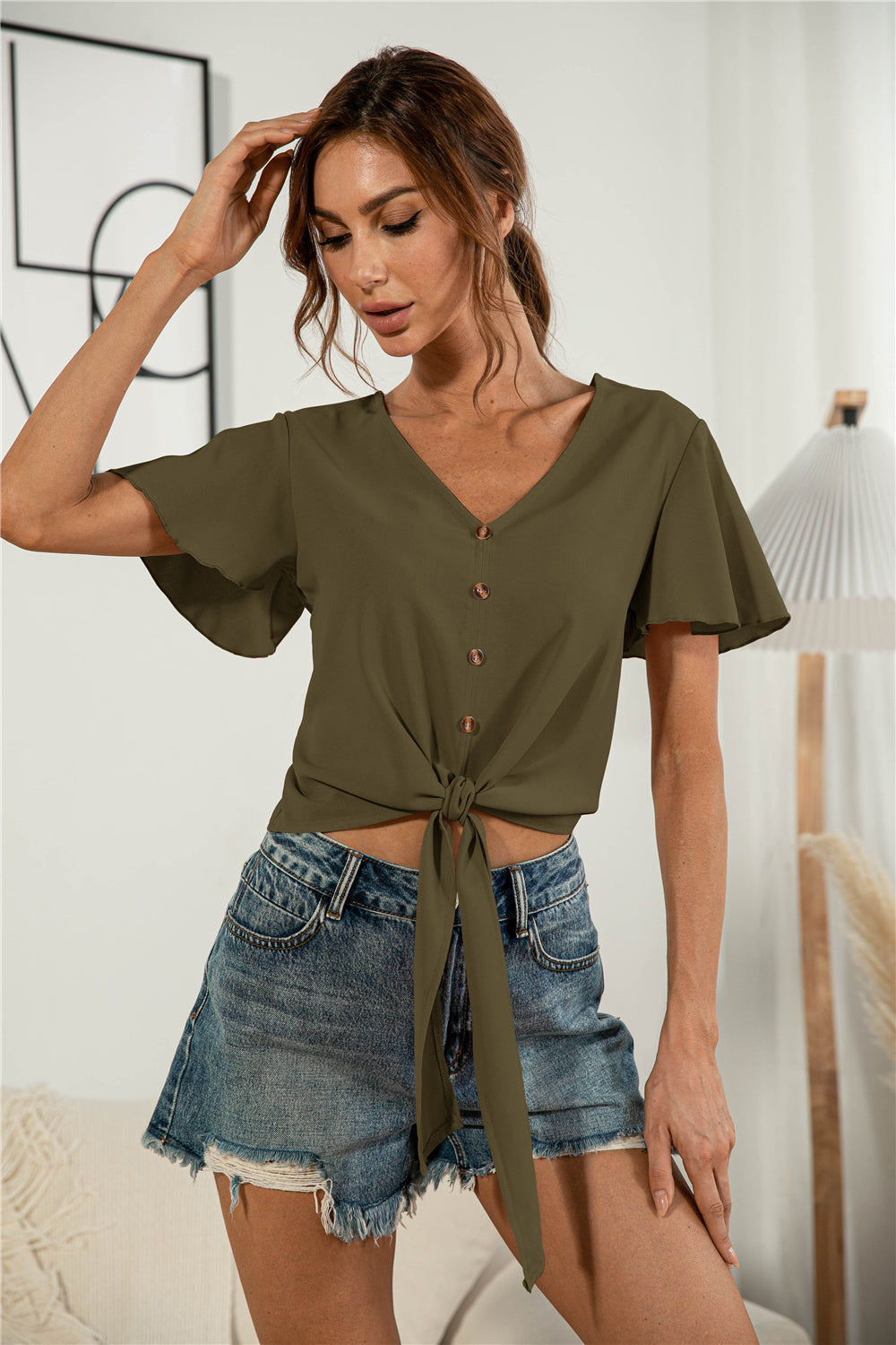 Decorative Button V-Neck Tied Blouse - ClassiQ