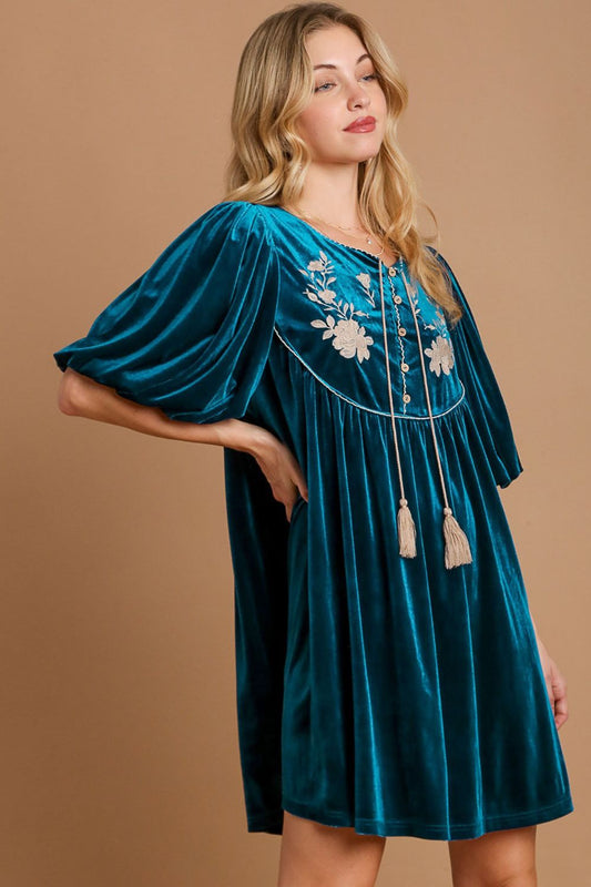Umgee Embroidered Half Sleeve Velvet Mini Dress with Tassel - Classique Collection