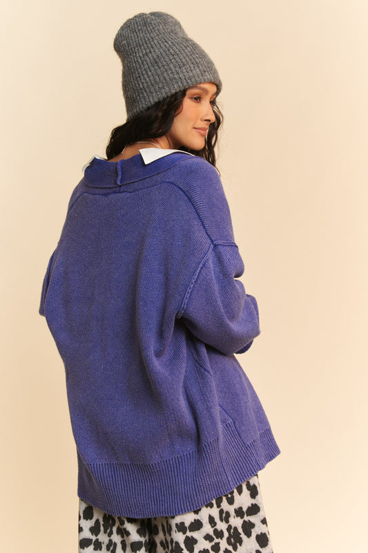 Davi & Dani Shawl Collar Ribbed Detail Button Up Cardigan - Classique Collection