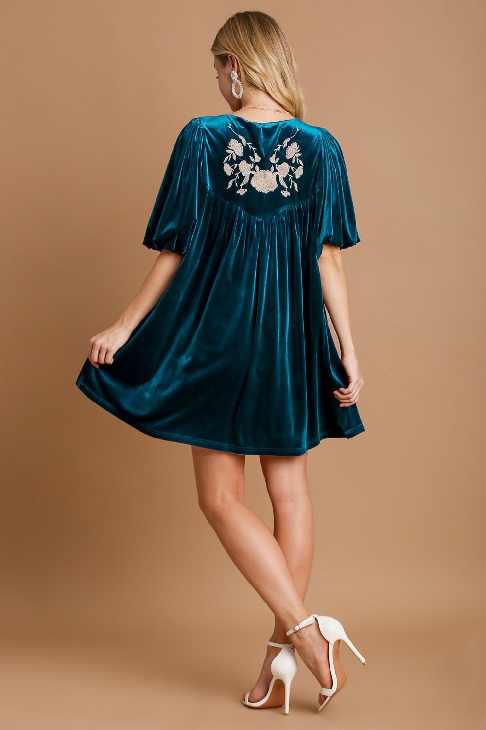 Umgee Embroidered Half Sleeve Velvet Mini Dress with Tassel - Classique Collection