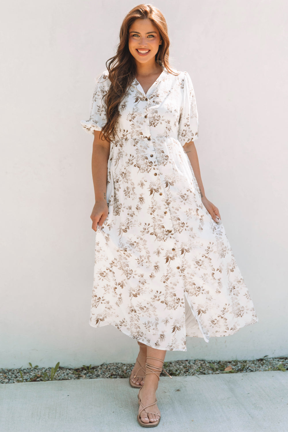 Khaki Floral Puff Sleeve V Neck Buttoned Front Maxi Dress ClassiQ