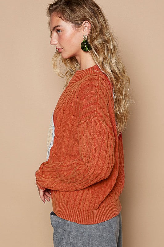 POL Cable-Knit Peace Patch Dropped Shoulder Sweater - Classique Collection