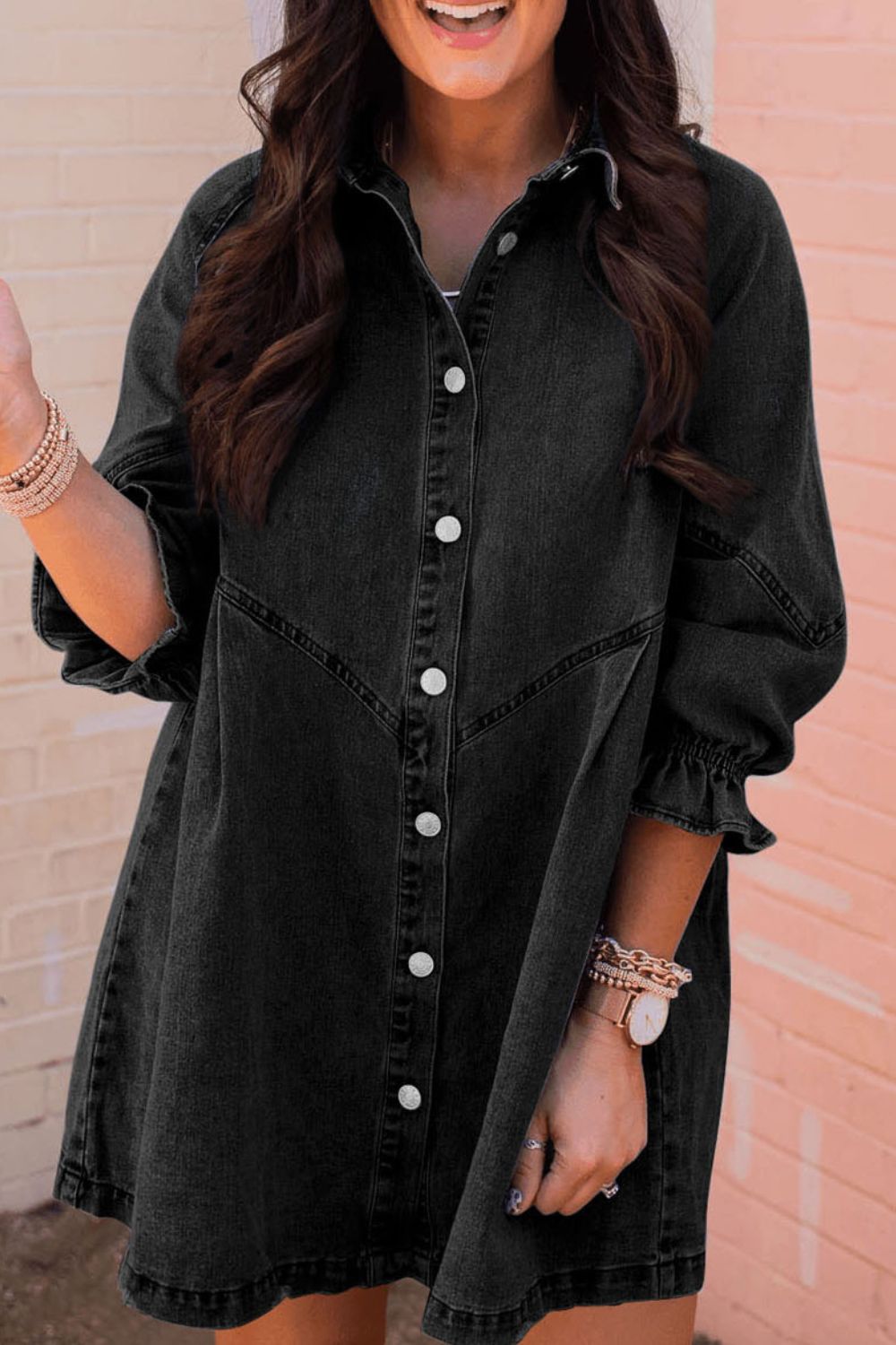Distressed Collared Neck Flounce Sleeve Denim Dress - Classique Collection