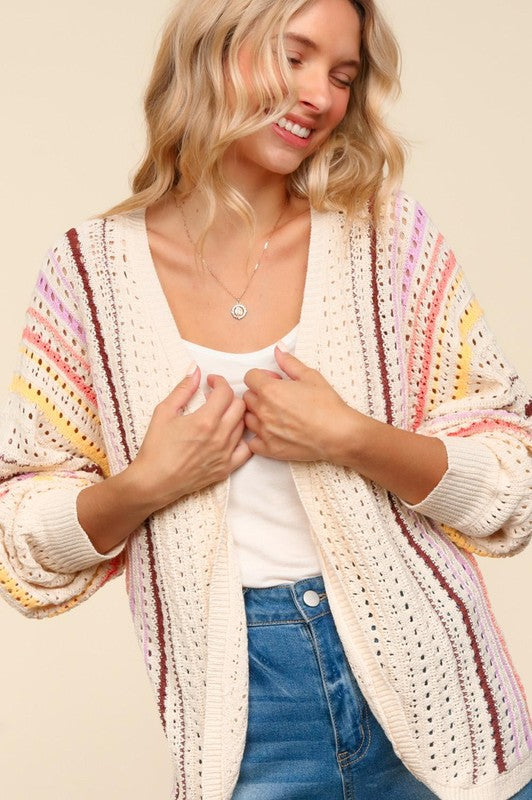 Haptics Full Size Striped Crochet Open Front Cardigan - Classique Collection