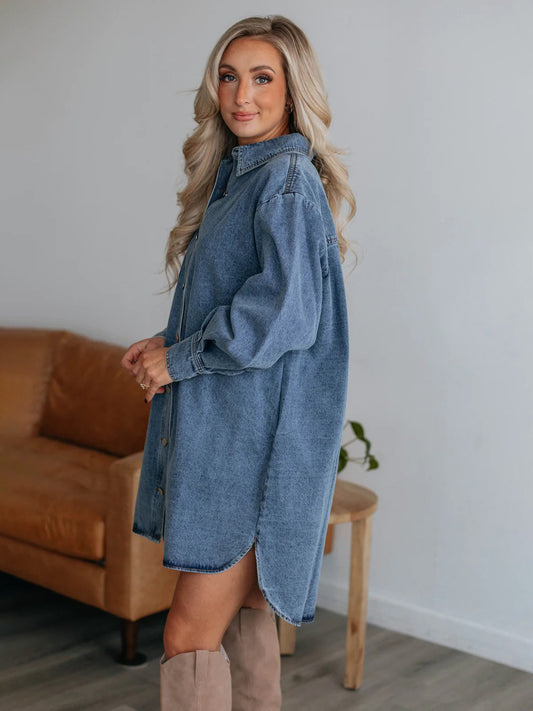 Button Up Collared Neck Long Sleeve Denim Dress - Classique Collection