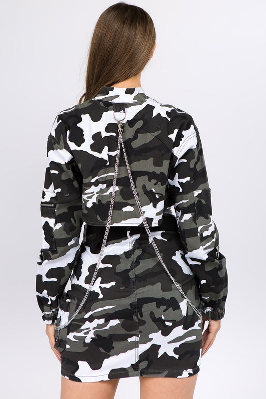 American Bazi Camouflage Cropped Jacket with Chains - Classique Collection