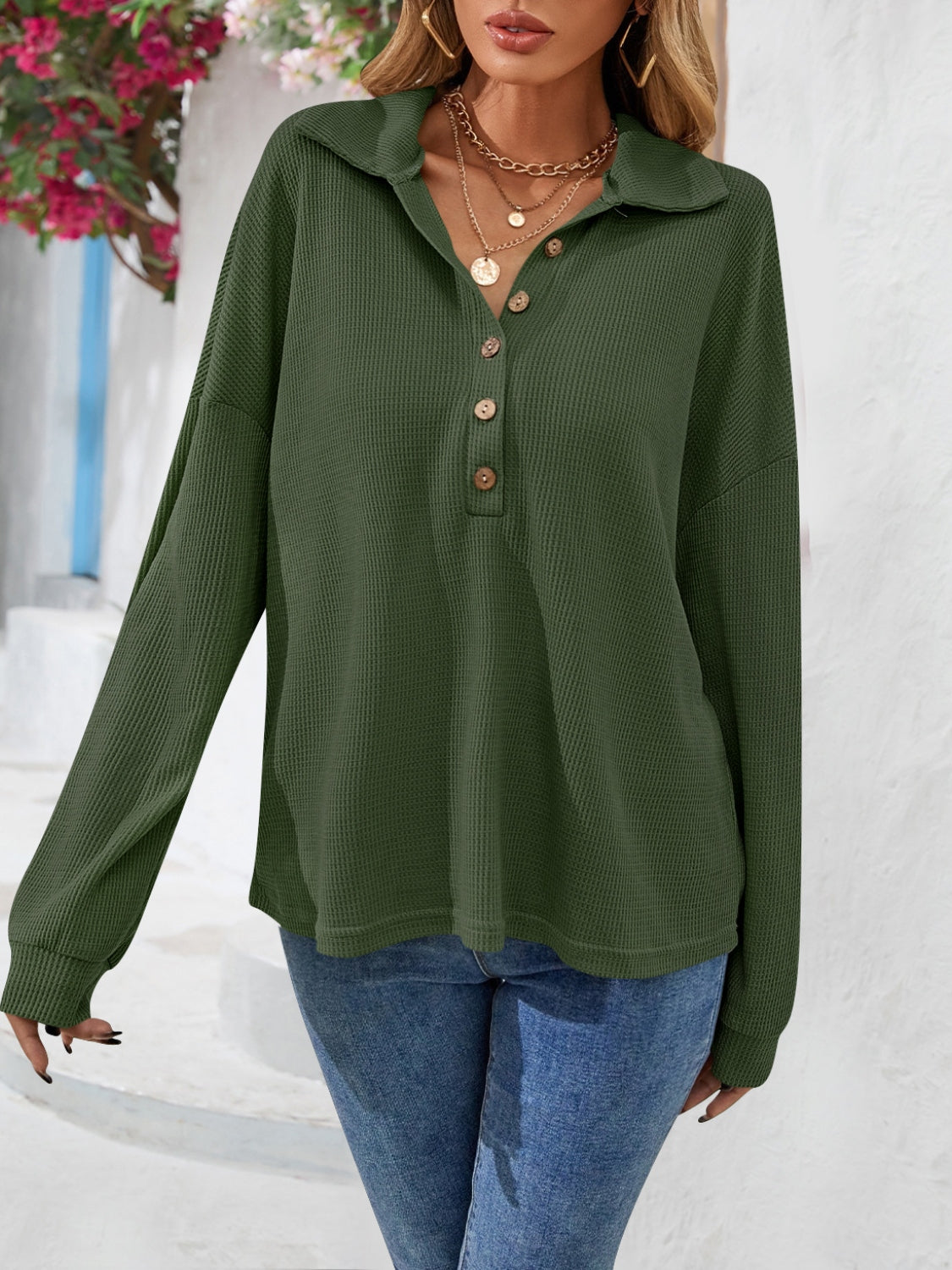 Half Button Collared Neck Long Sleeve Top - Classique Collection