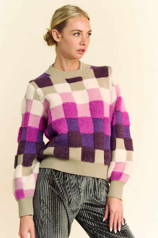 Davi & Dani Checkered Round Neck Long Sleeve Sweater - Classique Collection