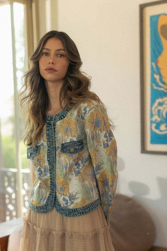 Annie Wear Floral Jacquard Denim Contrast Button Down Jacket - ClassiQ