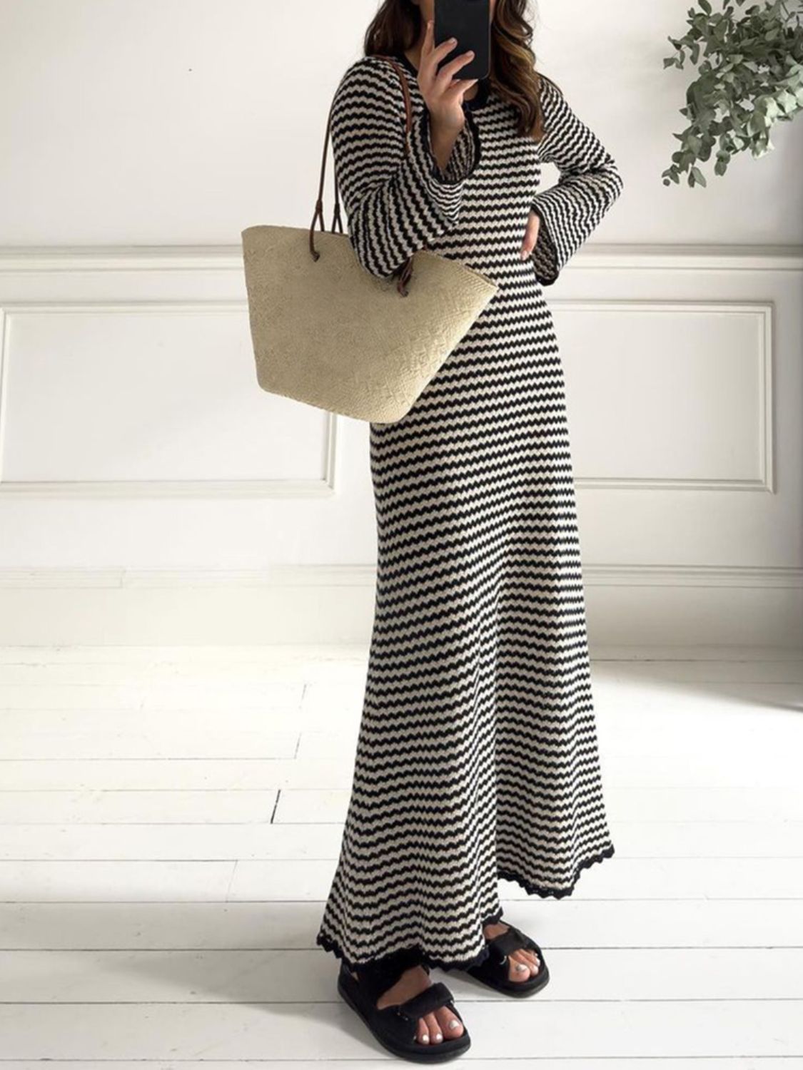 Devine Tied Round Neck Striped Sweater Dress - Classique Collection
