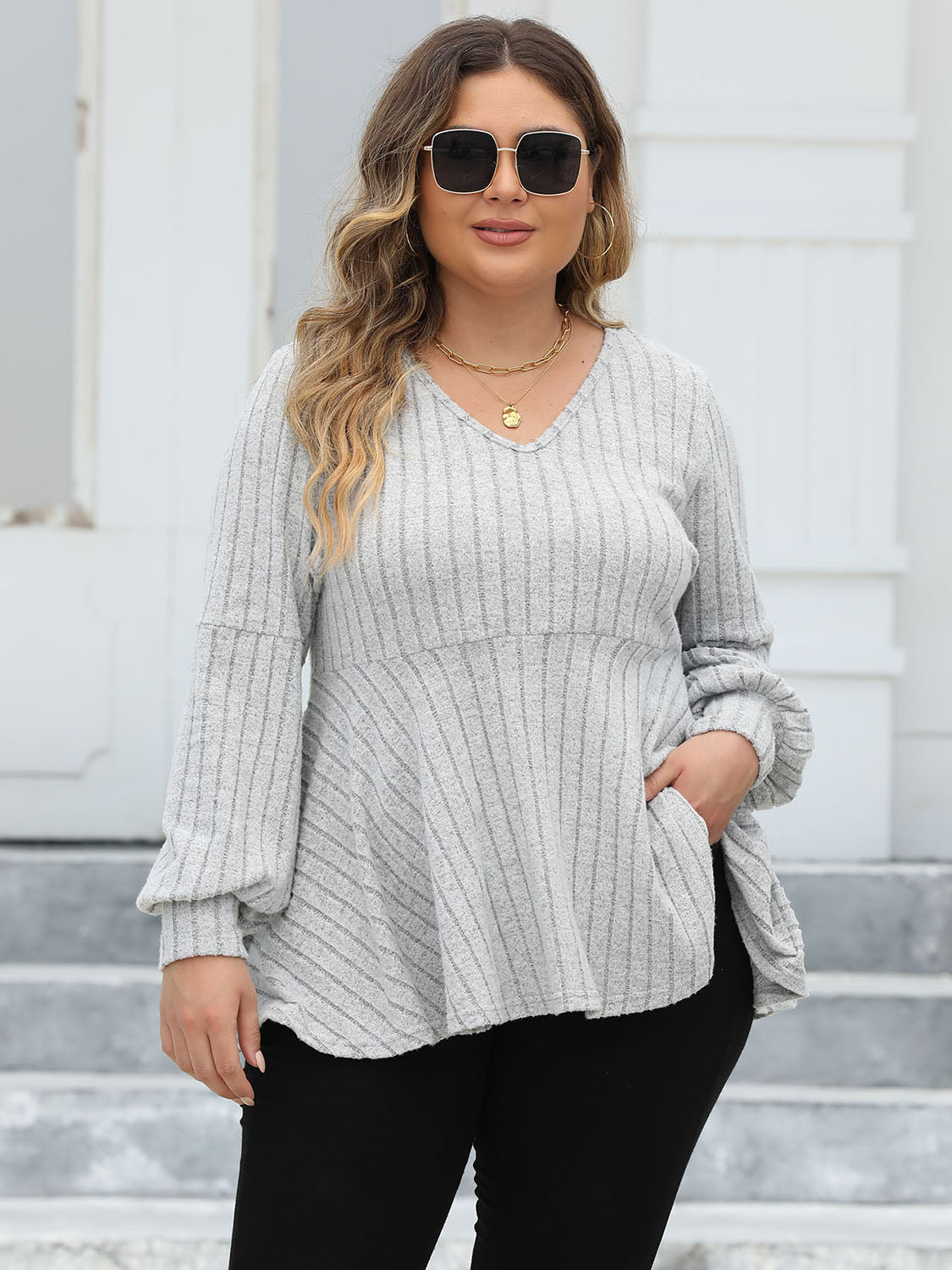 Plus Size Ribbed V-Neck Long Sleeve Blouse - Classique Collection