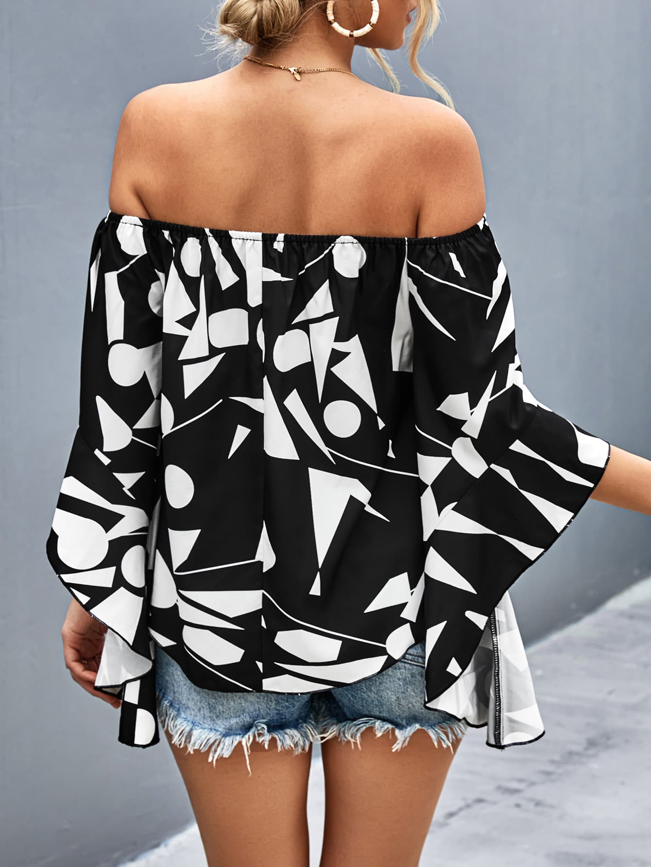Printed Off-Shoulder Bell Sleeve Blouse - Classique Collection