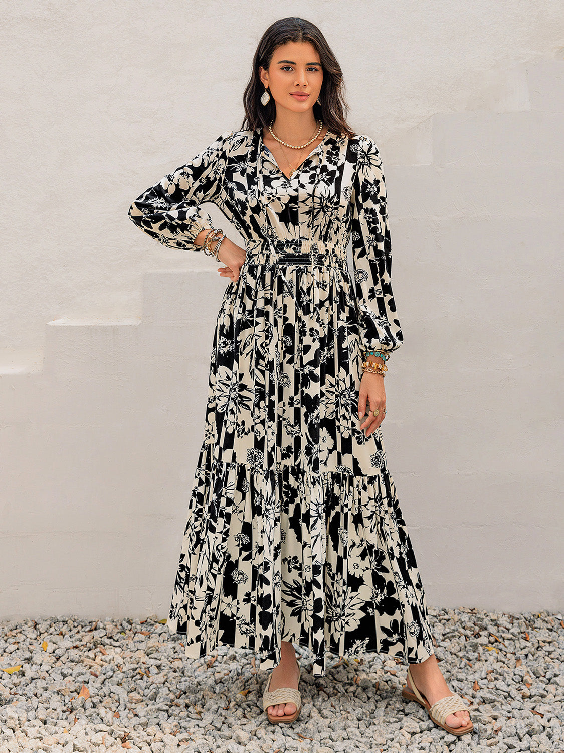 Smocked Printed Tie Neck Long Sleeve Dress - Classique Collection
