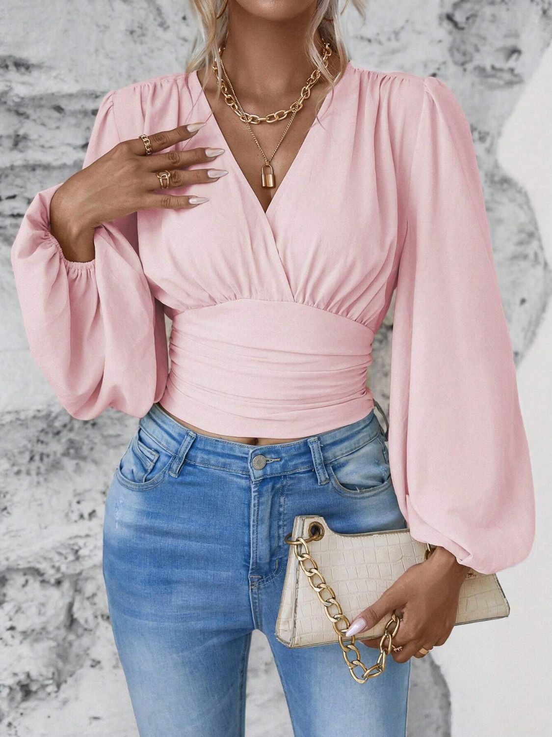 Smocked Surplice Balloon Sleeve Top - Classique Collection