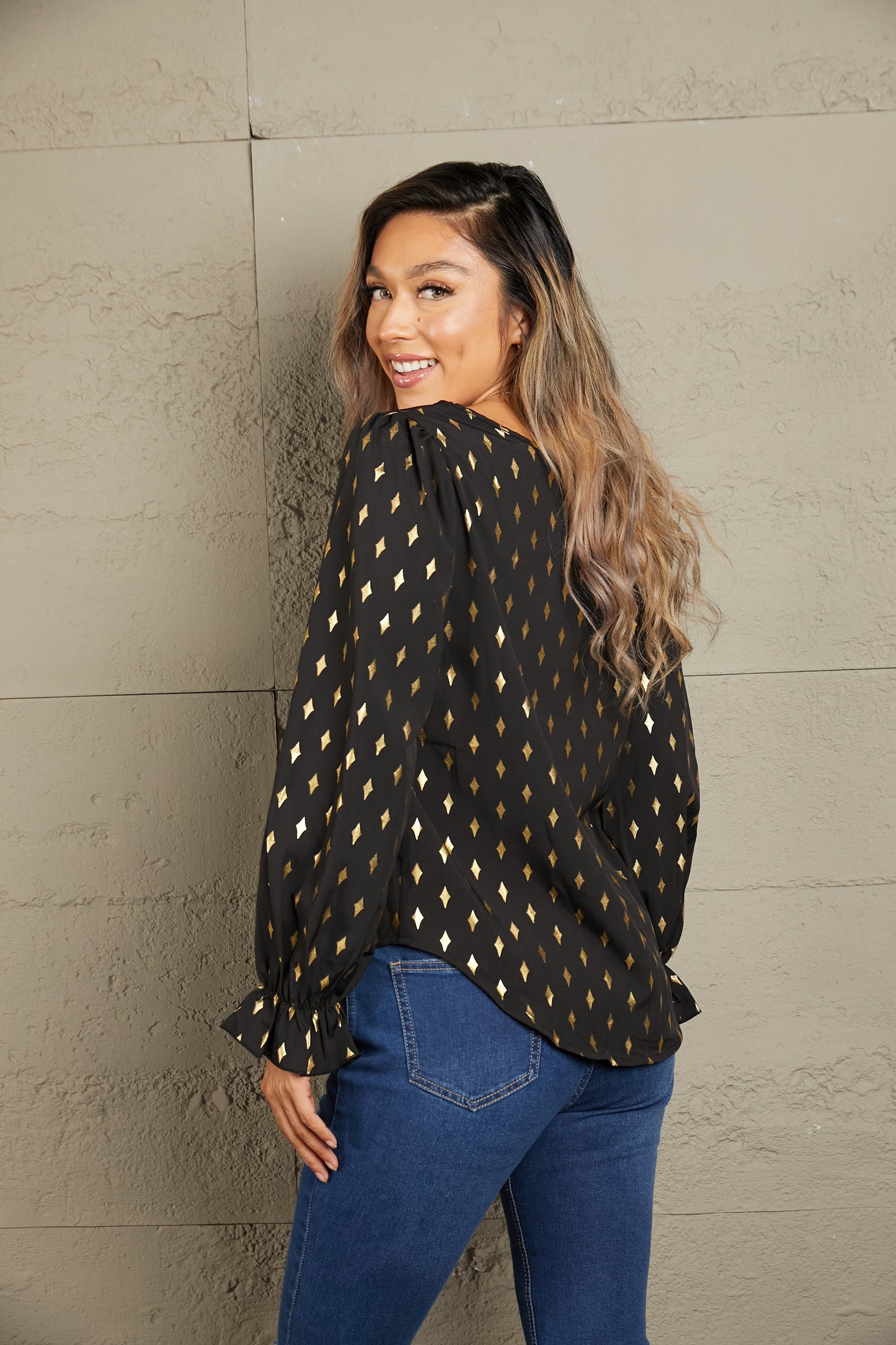 Perfee Printed Round Neck Flounce Sleeve Blouse - Classique Collection