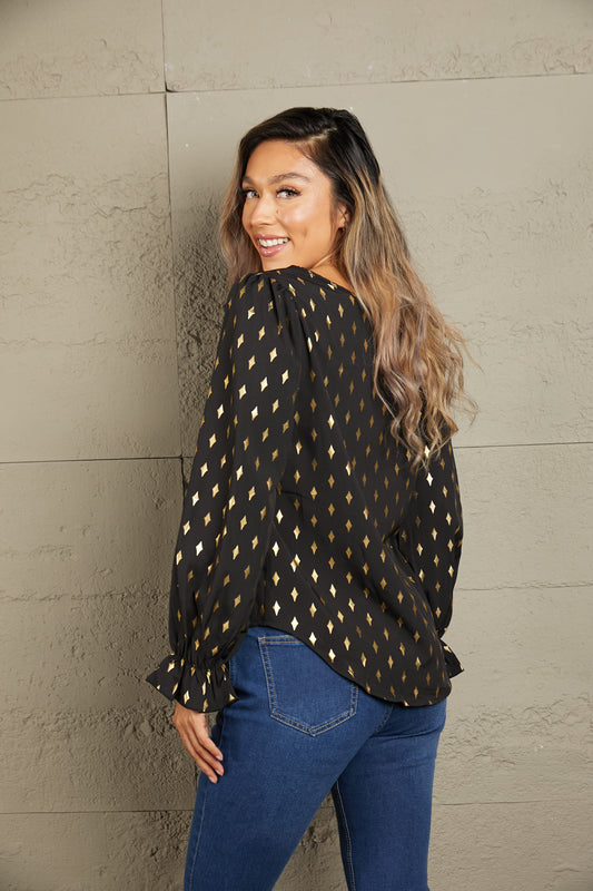 Perfee Printed Round Neck Flounce Sleeve Blouse - Classique Collection