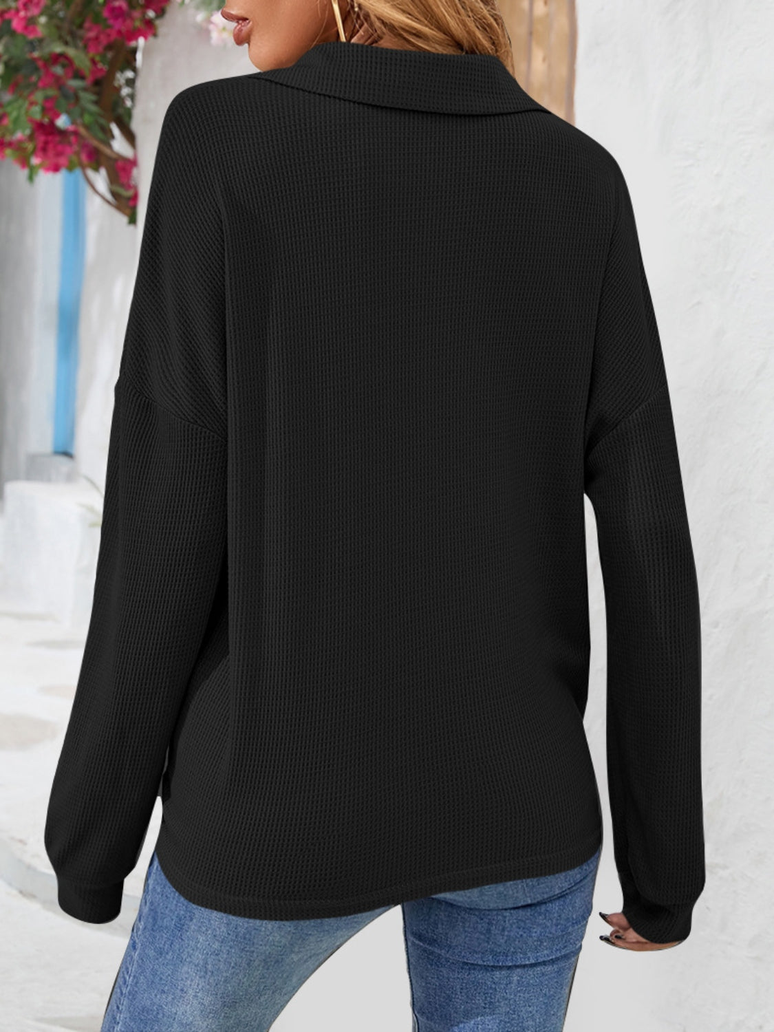 Half Button Collared Neck Long Sleeve Top - Classique Collection