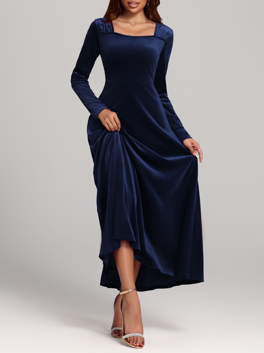 Square Neck Long Sleeve Velvet Dress - Classique Collection
