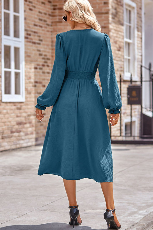 Smocked V-Neck Flounce Sleeve Midi Dress - Classique Collection