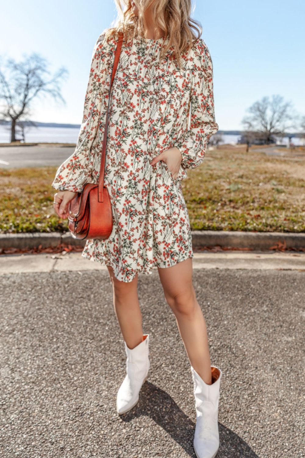 Floral Round Neck Long Sleeve Dress - Classique Collection