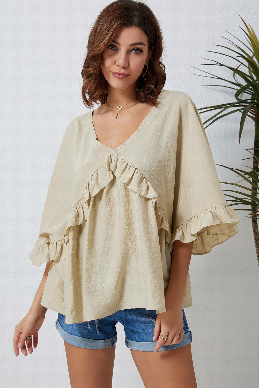 Ruffled V-Neck Half Sleeve Blouse - Classique Collection