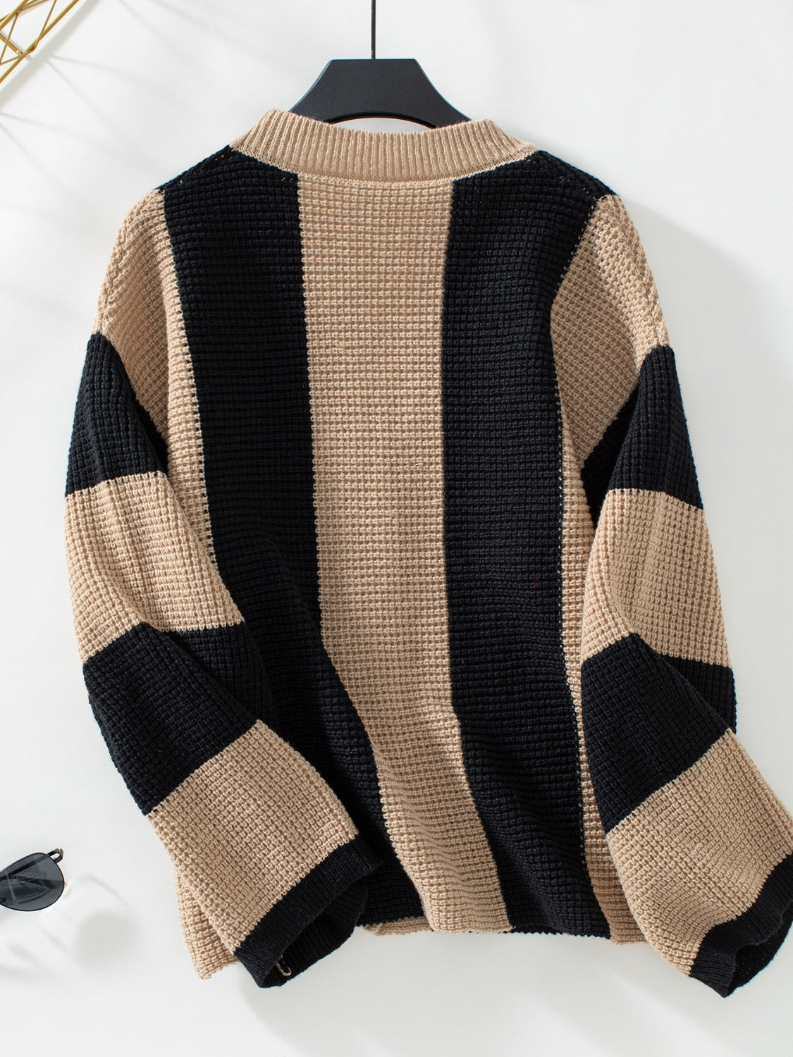 Waffle-Knit V-Neck Striped Long Sleeve Cardigan - Classique Collection