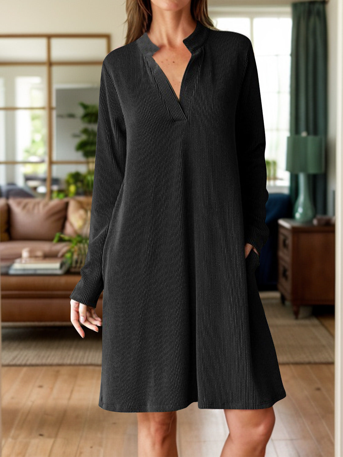 Notched Long Sleeve Mini Dress with Pockets - Classique Collection