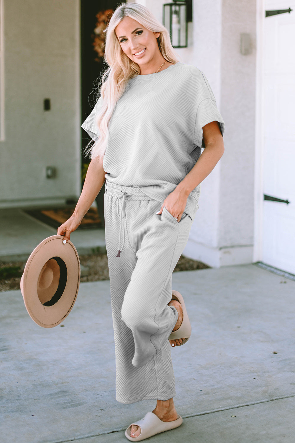 Double Take Full Size Texture Short Sleeve Top and Pants Set - ClassiQ