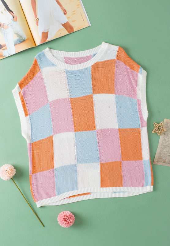 Contrast Plaid Round Neck Cap Sleeve Sweater - ClassiQ
