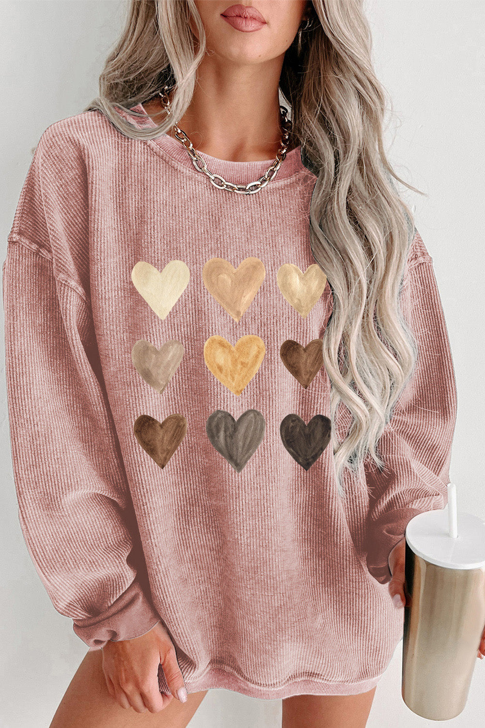 Heart Round Neck Dropped Shoulder Sweatshirt - ClassiQ