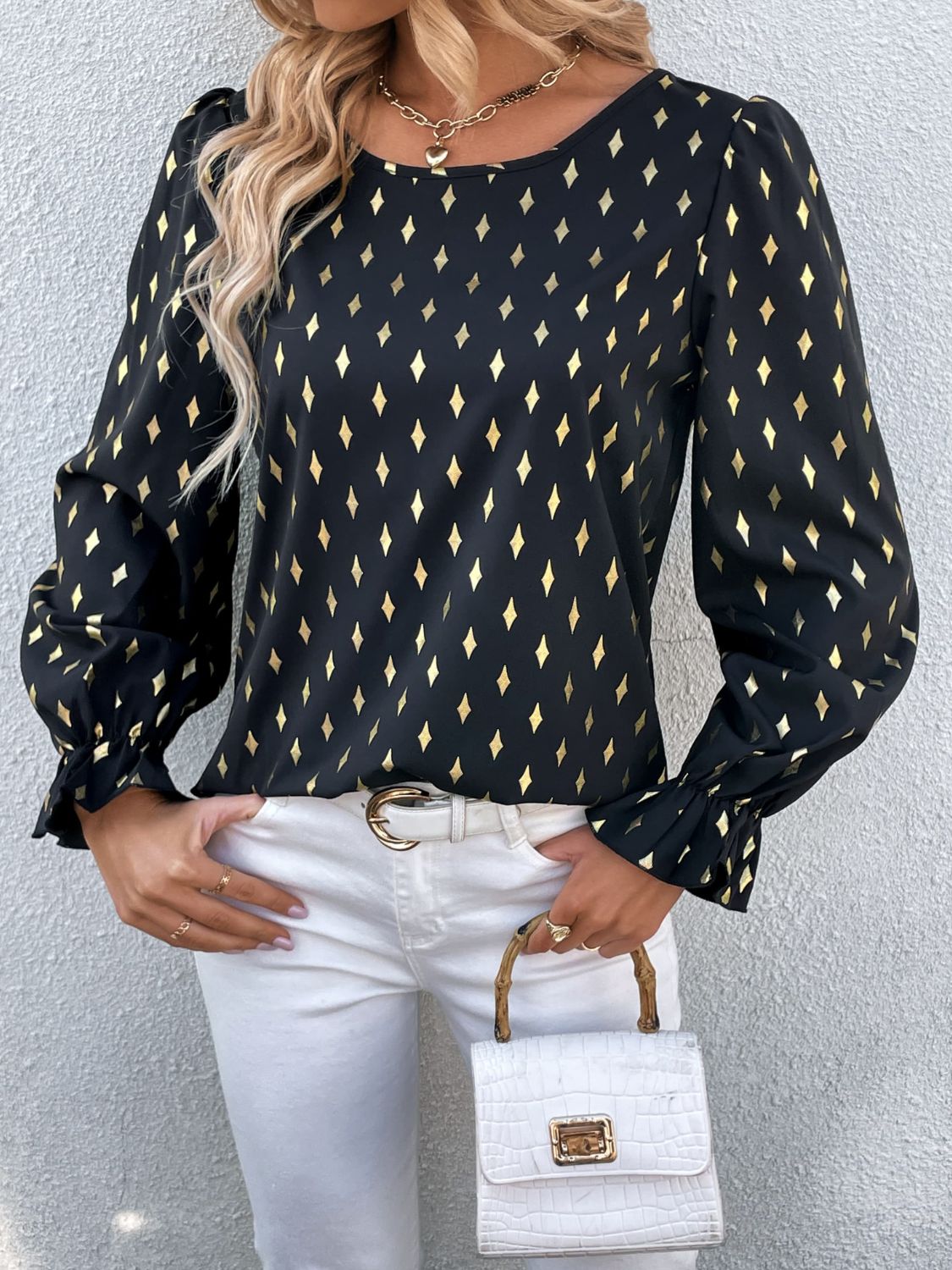 Perfee Printed Round Neck Flounce Sleeve Blouse - Classique Collection