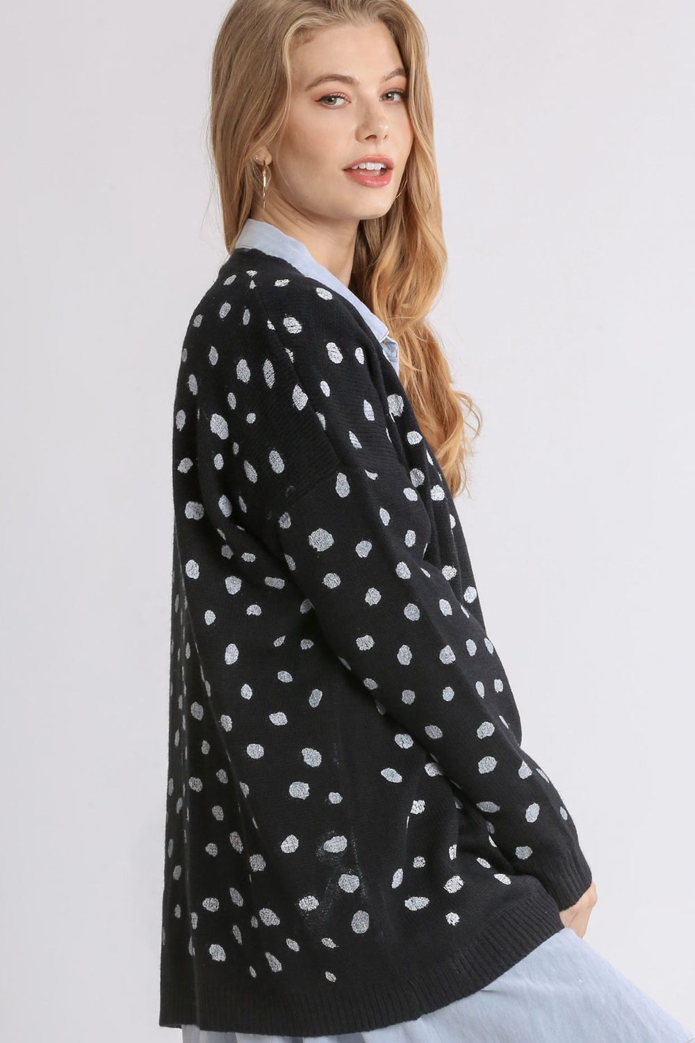 Umgee Polka Dot Open Front Drop Shoulder Cardigan - ClassiQ