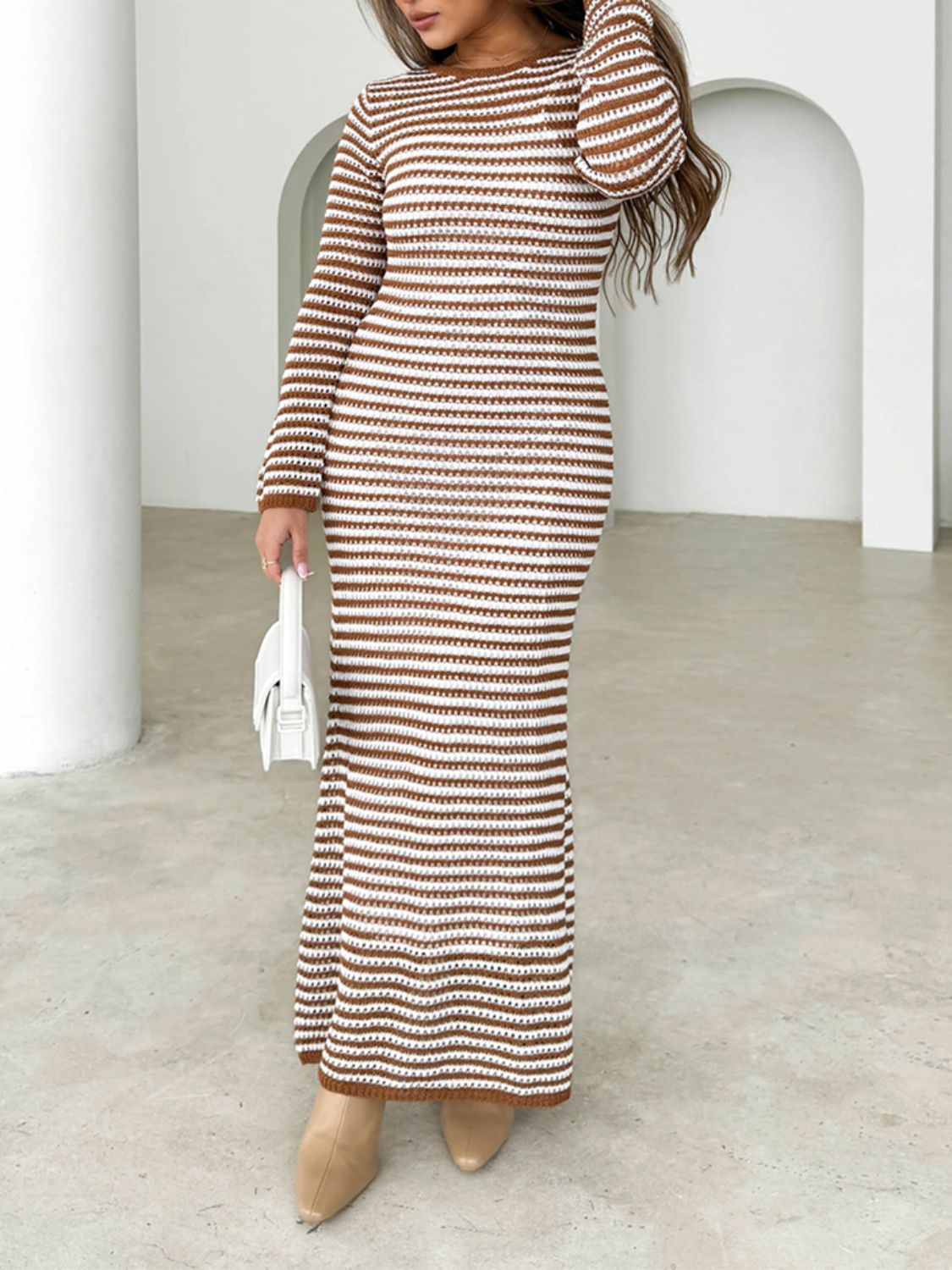 Devine Tied Round Neck Striped Sweater Dress - Classique Collection