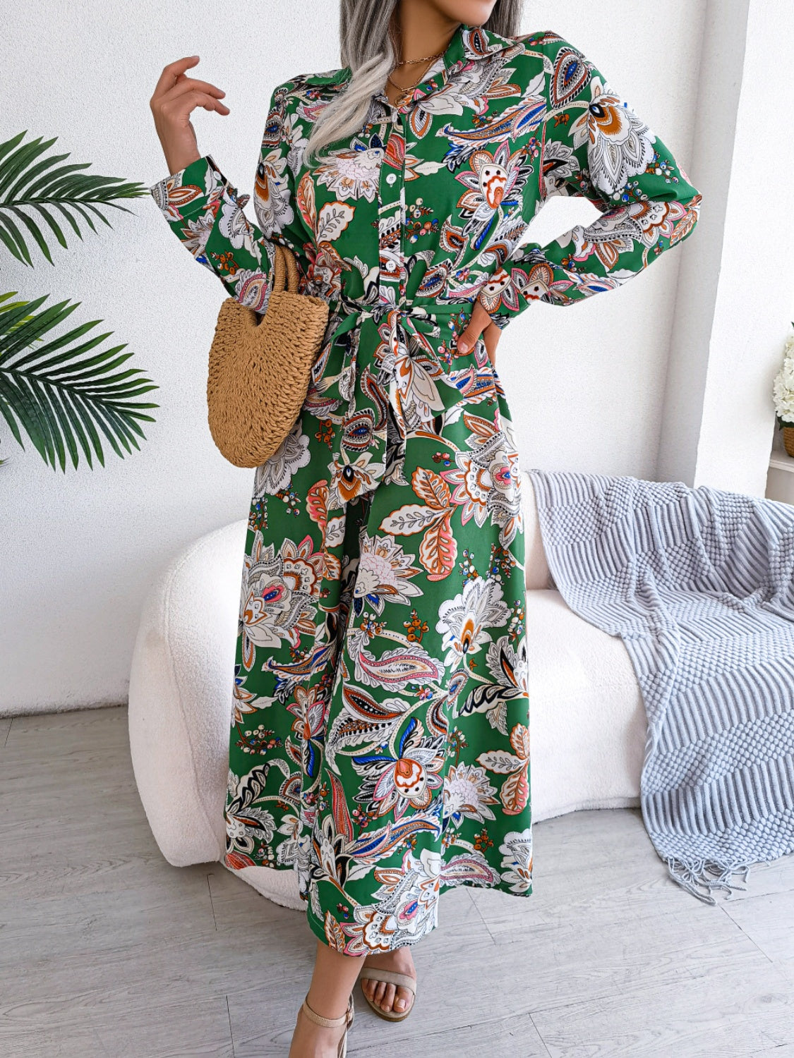 Tied Printed Long Sleeve Midi Dress - Classique Collection