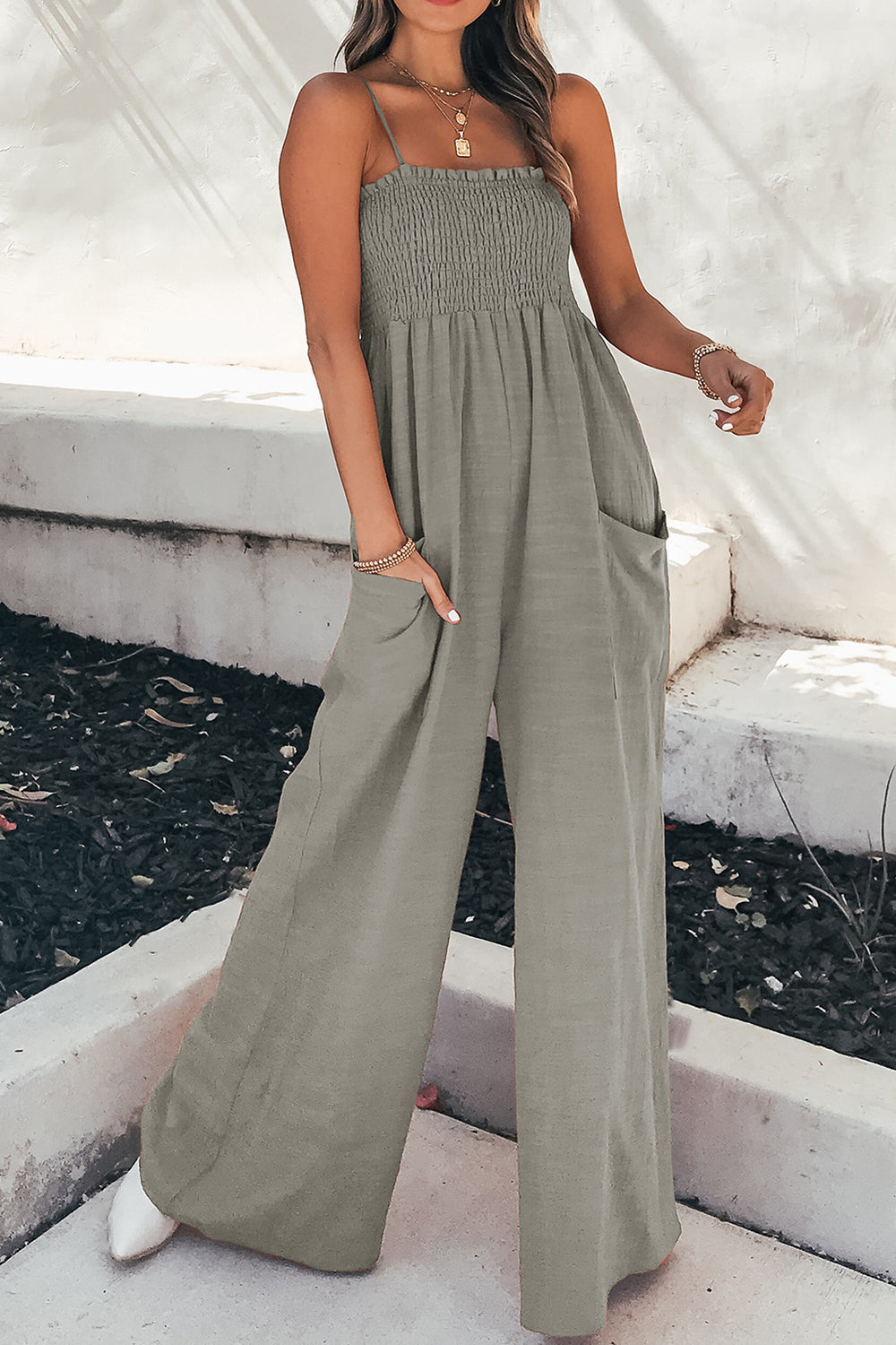Smocked Spaghetti Strap Wide Leg Jumpsuit - ClassiQ