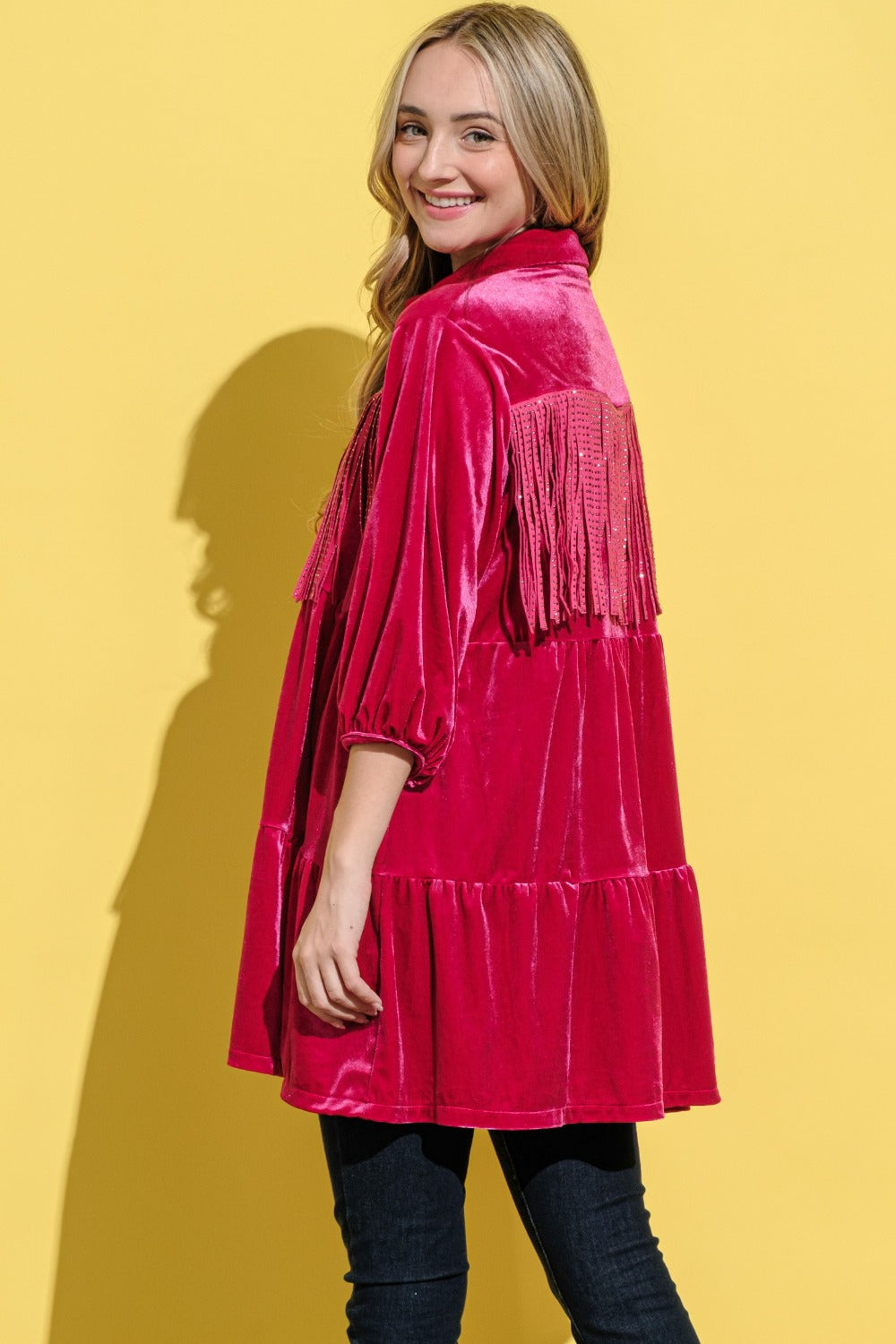 And The Why Fringe Detailed Velvet Shirt Dress - Classique Collection