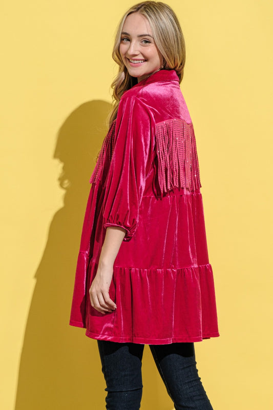 And The Why Fringe Detailed Velvet Shirt Dress - Classique Collection