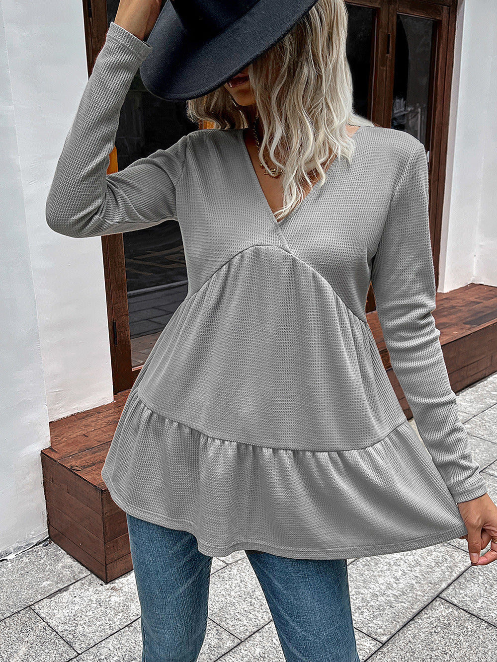 Ivy Lane Waffle-Knit V-Neck Long Sleeve Blouse - Classique Collection