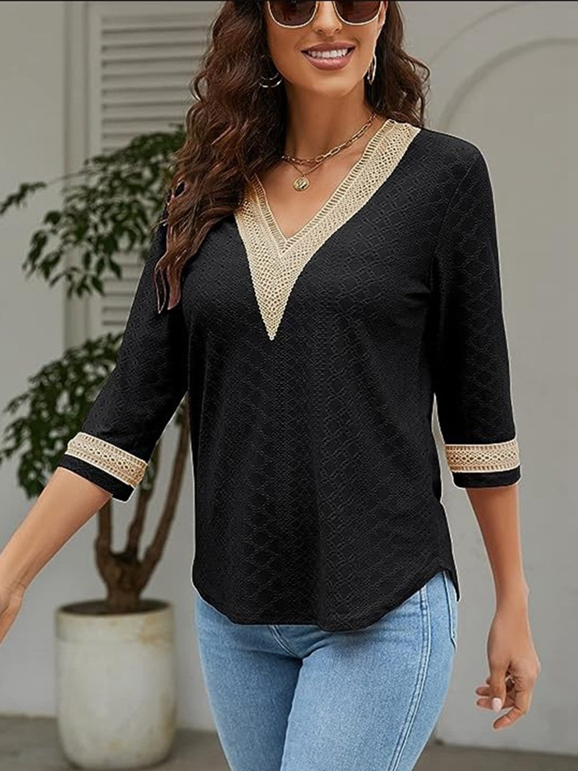 V-Neck Eyelet Blouse - Classique Collection