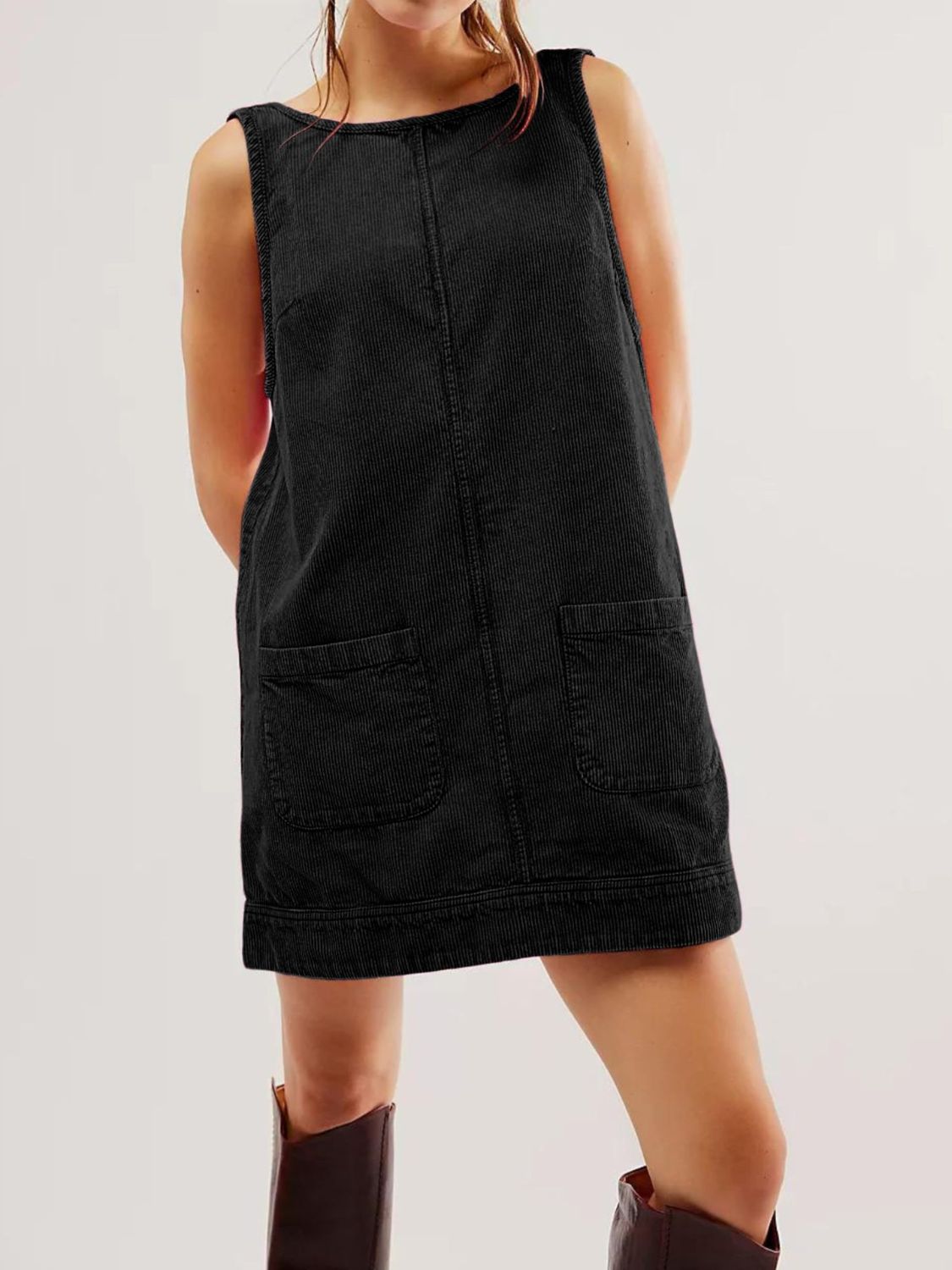 Mandy Round Neck Wide Strap Mini Dress with Pockets - Classique Collection