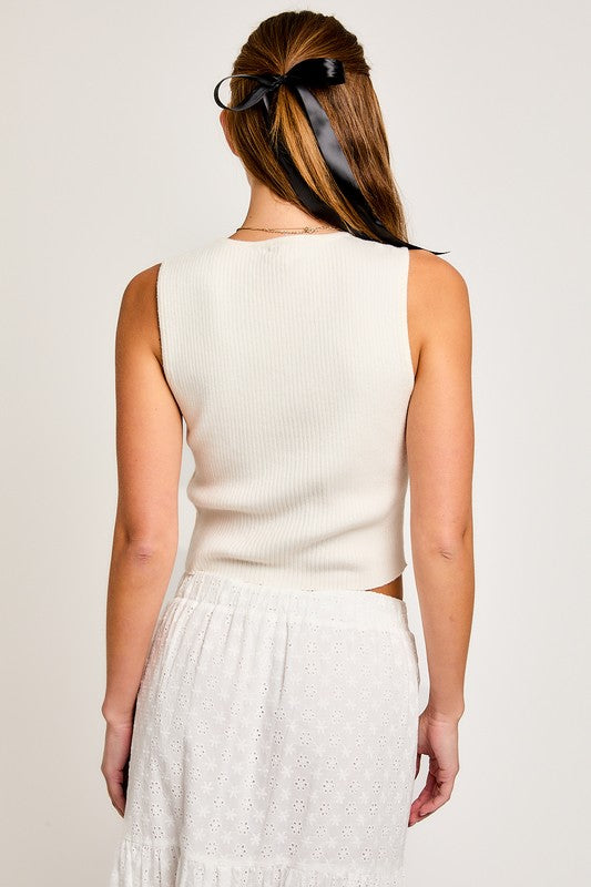 Satin Bow Detail Sleeveless Sweater Top - Classique Collection