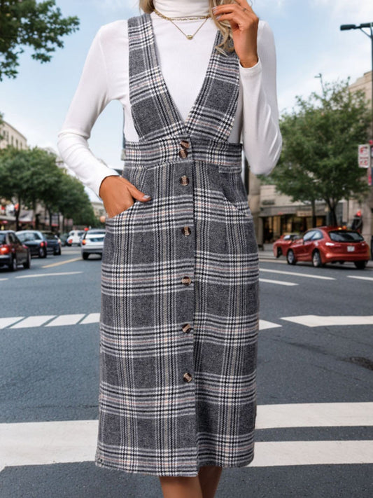 Perfee Pocketed Plaid Overall Dress - Classique Collection