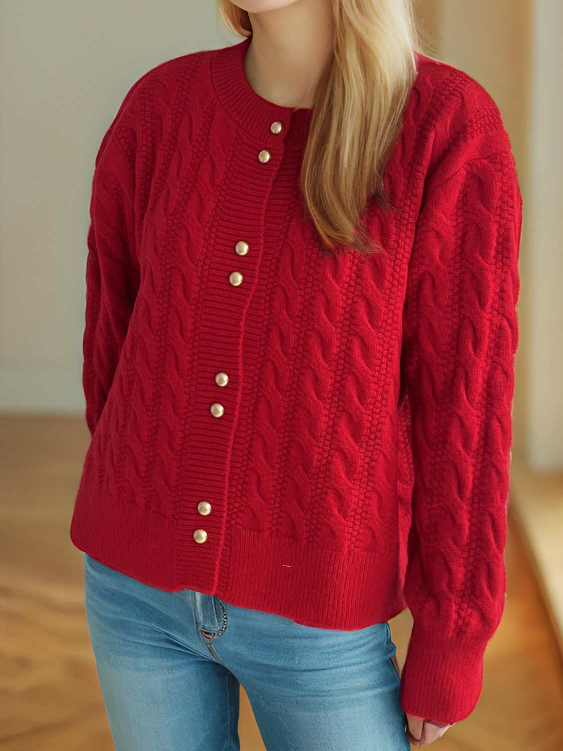 Cable-Knit Round Neck Long Sleeve Cardigan - ClassiQ