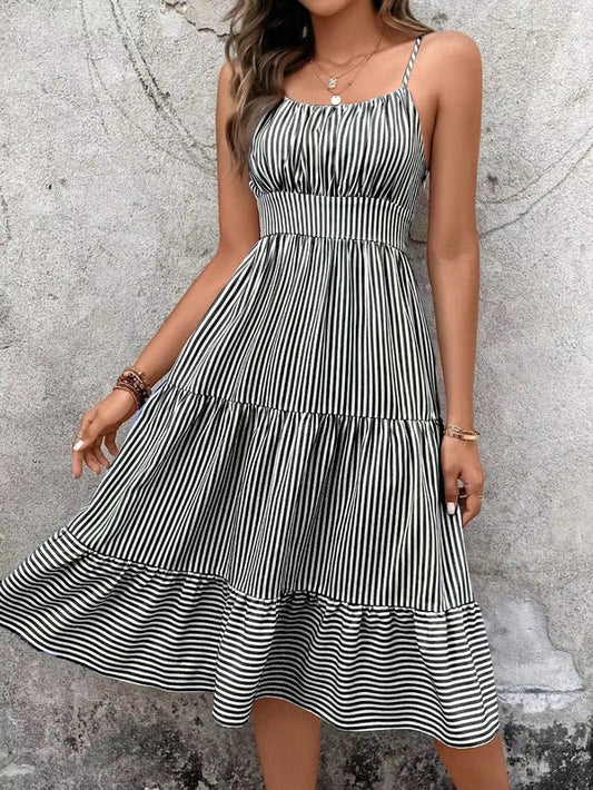 Striped spaghetti strap midi dress - Classique Collection