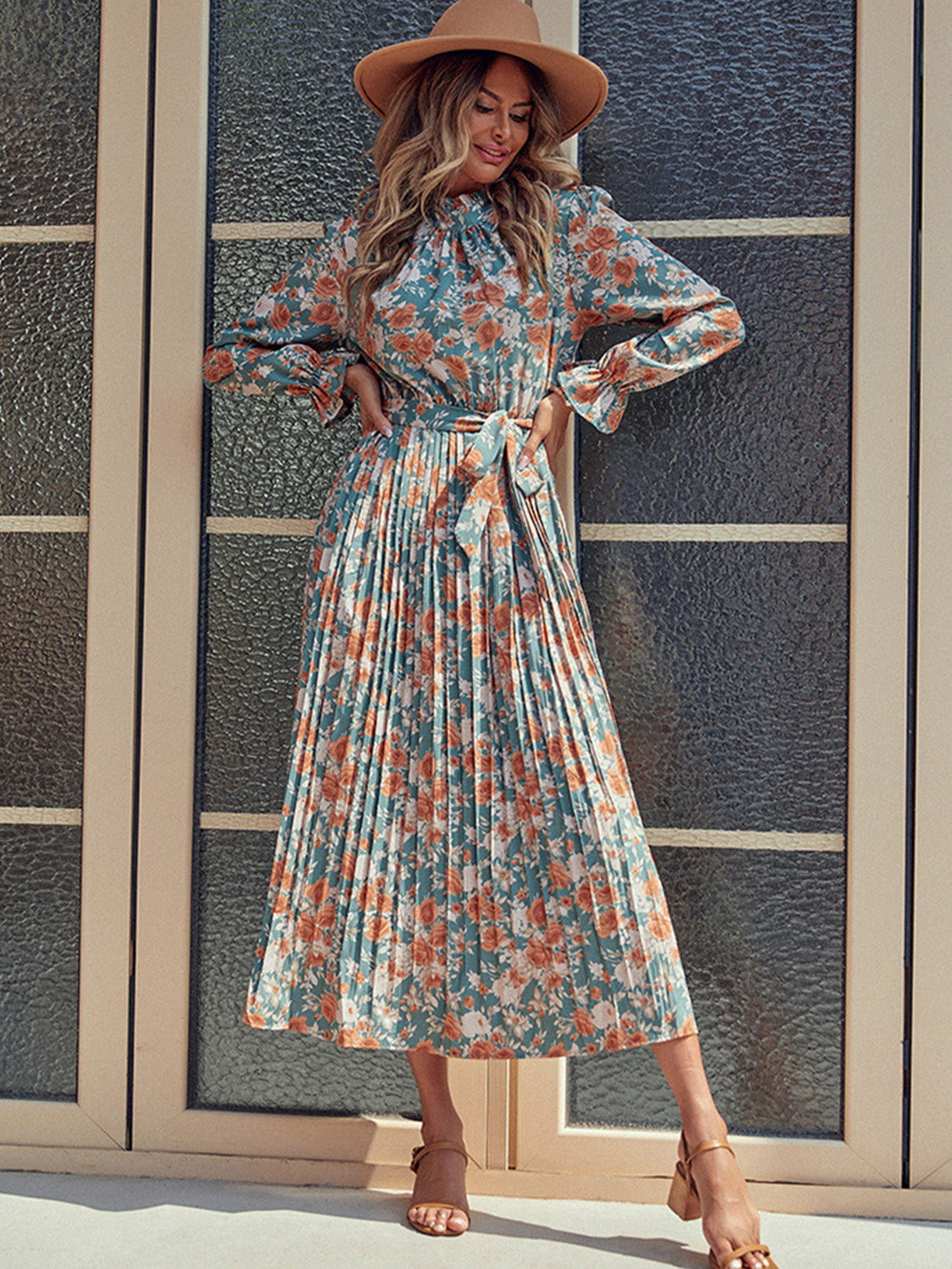 Perfee Tied Pleated Printed Mock Neck Long Sleeve Dress - Classique Collection