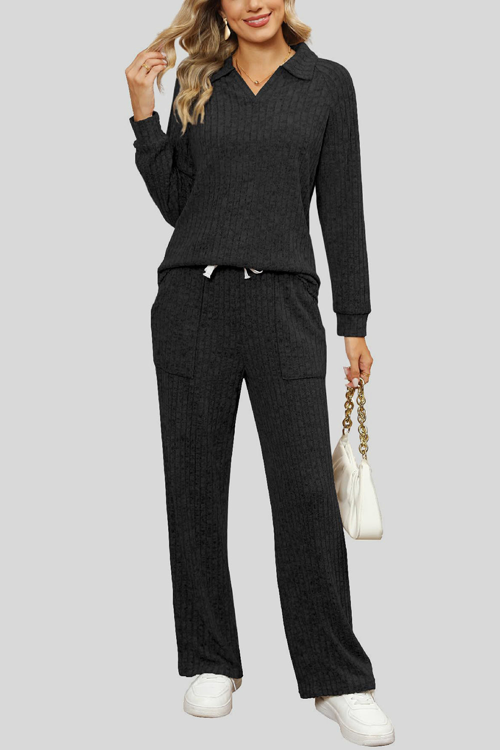 Ribbed Long Sleeve Top and Pocketed Pants Set - ClassiQ