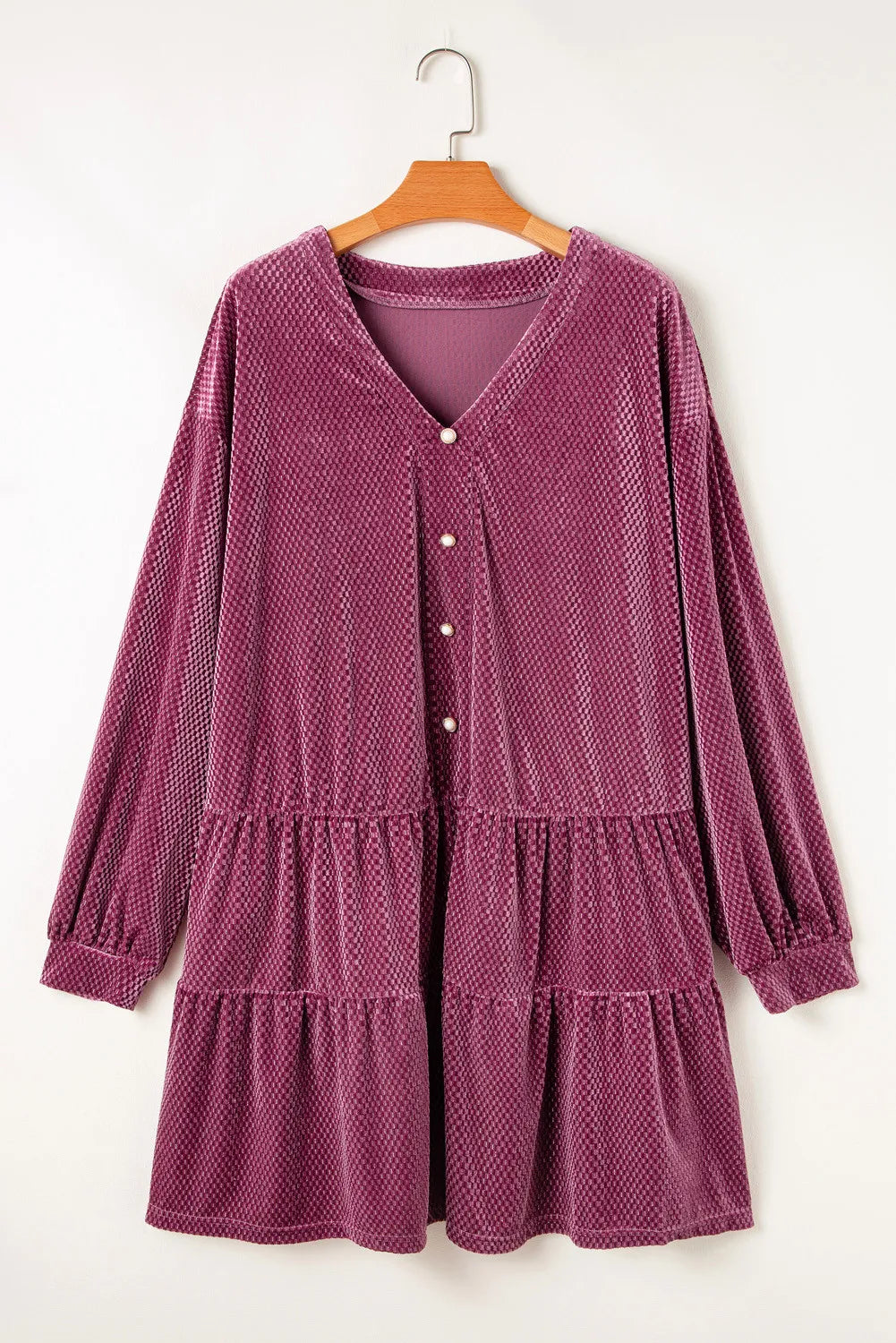 Plus Size Textured Velvet Decorative Button Long Sleeve Dress - Classique Collection
