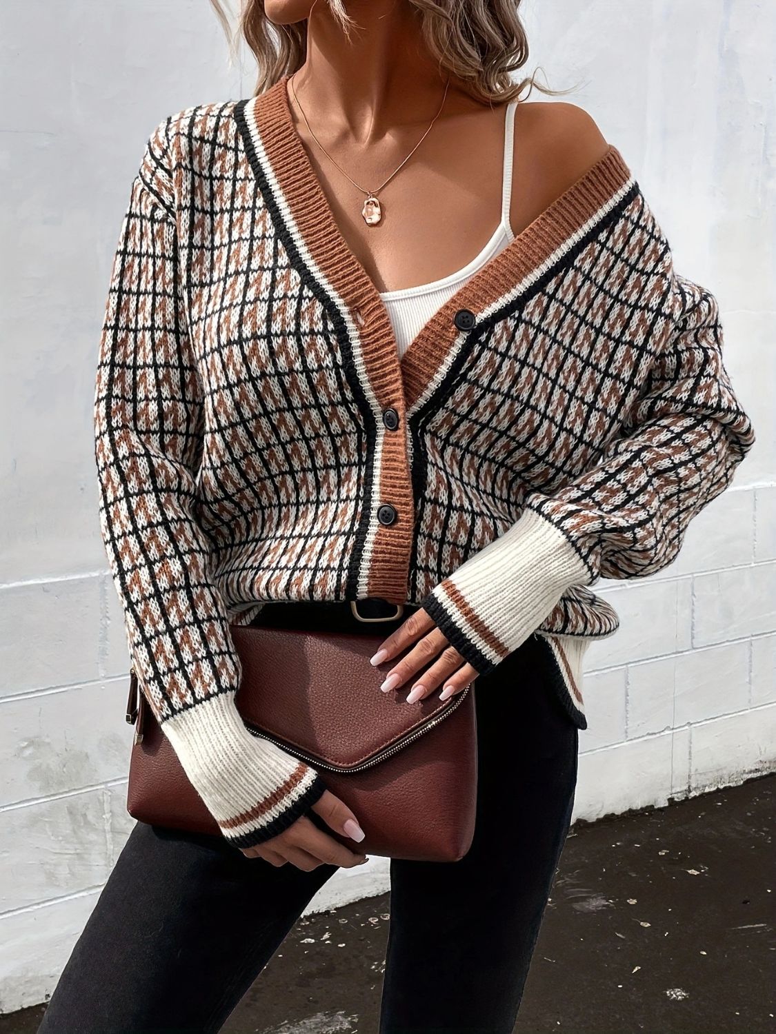 Plaid V-Neck Button Up Cardigan - Classique Collection